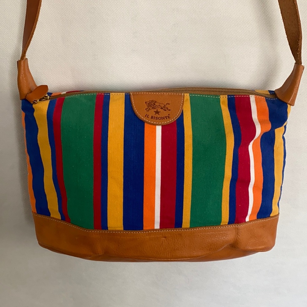 1990s IL Bisonte Leather and Striped Canvas Shoulder Bag